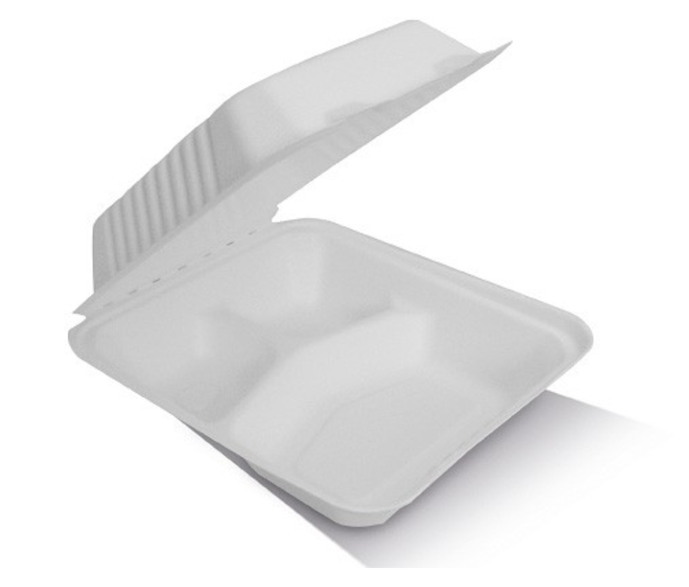 8" Clamshell Sugarcane 3 Compartments Carton/200