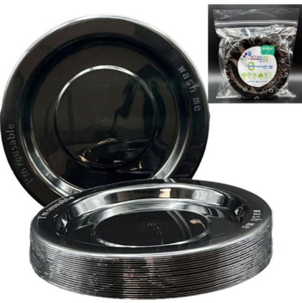 Black Reusable Plastic Lunch Plates Pack/20