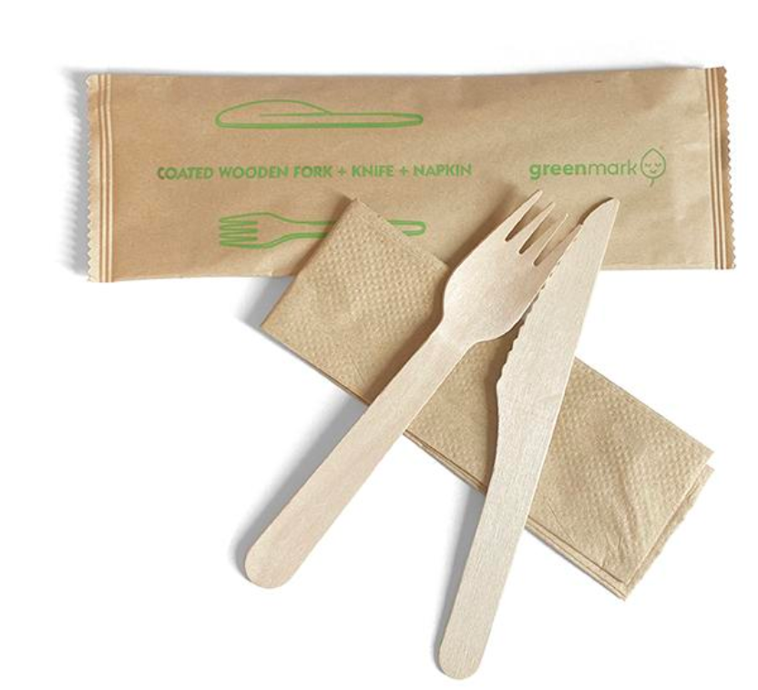 Coated Wooden Knife, Fork and Napkin Set (Carton of 400 sets)