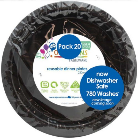 Black Reusable Plastic Dinner Plates Pack/20