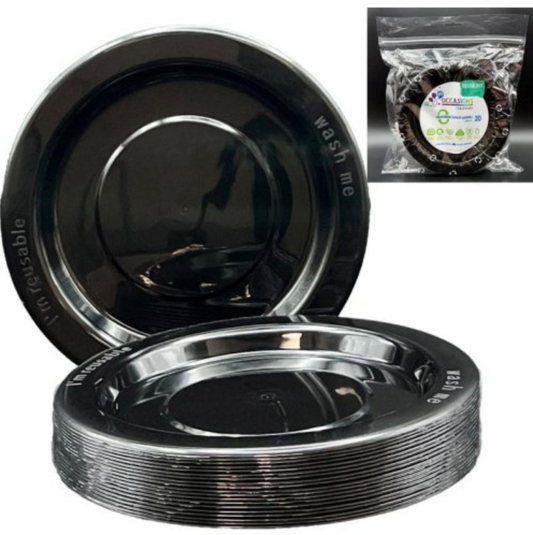 Black Reusable Plastic Lunch Plates Pack/20