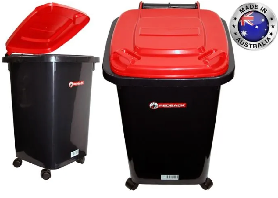 Redback Wheelie Bin 64 x 42 x 47cm 60 Litre Rubbish Bin (Black With Red Lid)