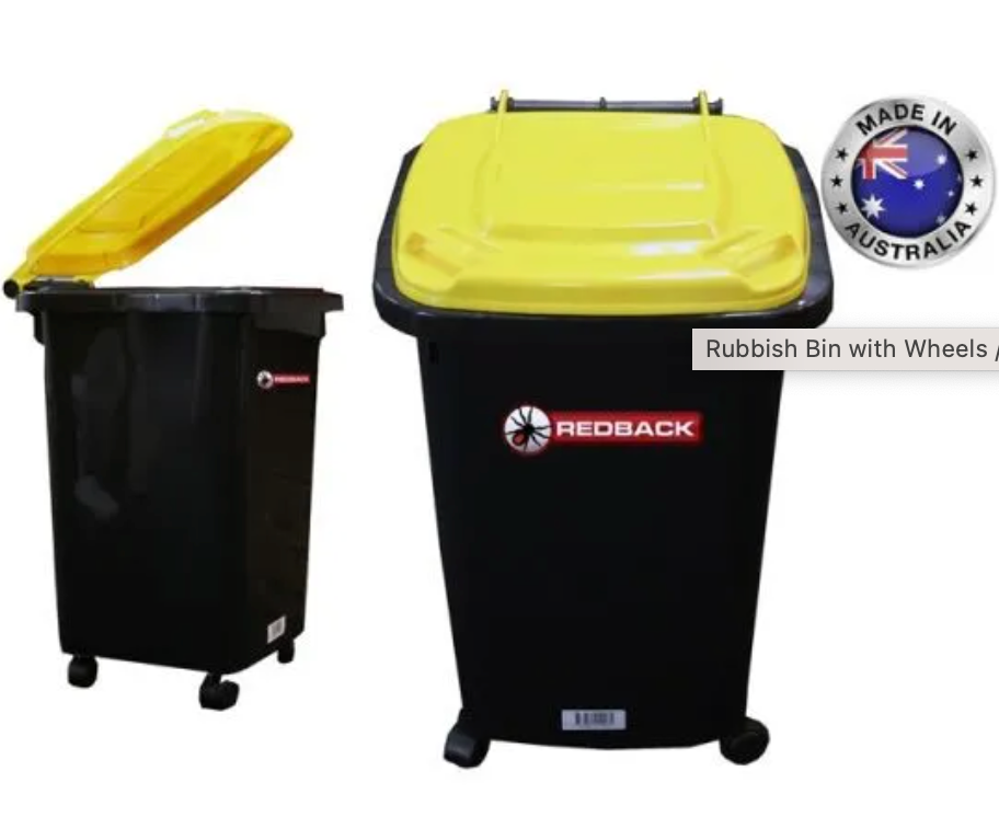 Redback Wheelie Bin 64 x 42 x 47cm 60 Litre Rubbish Bin (Black With Yellow Lid)