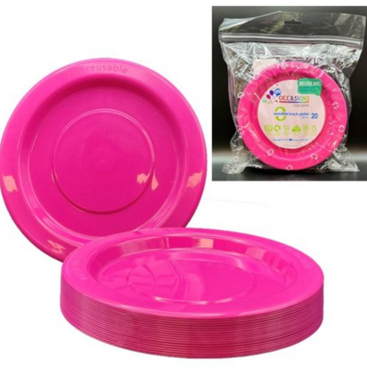 Pink Reusable Plastic Lunch Plates Pack/20