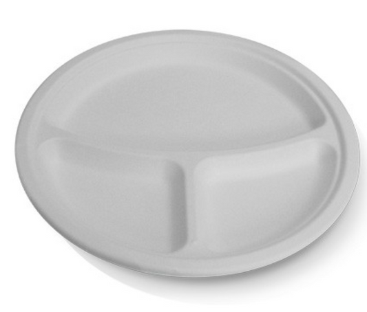 White Sugarcane Round Plate 3 Compartment Plate 10" (Carton of 500)