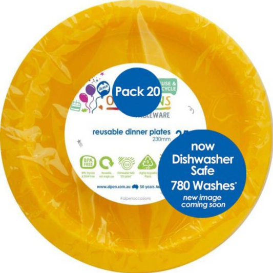 Yellow Reusable Plastic Dinner Plates Pack/20